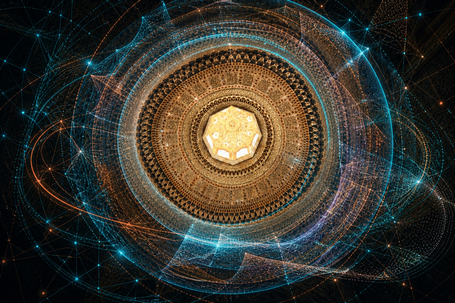 An ornate heritage ceiling surrounded by strong layered digital networks, scanning rings and spatial reconstruction data