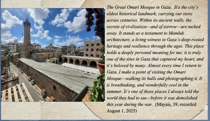 A remembered view of the Great Omari Mosque and its surroundings in Gaza